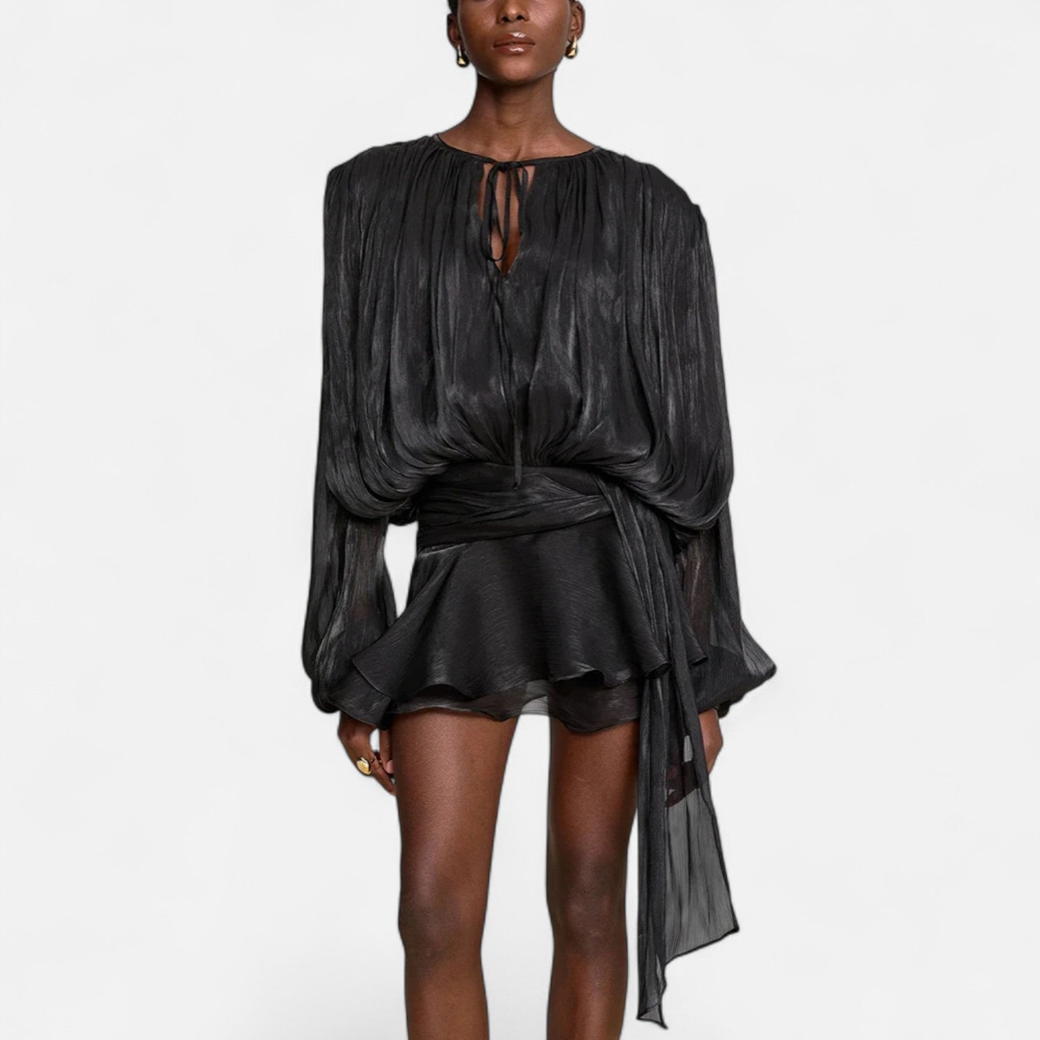 Fiventa | Women’s Draped Silk-Effect Blouse Dress with Waist Tie