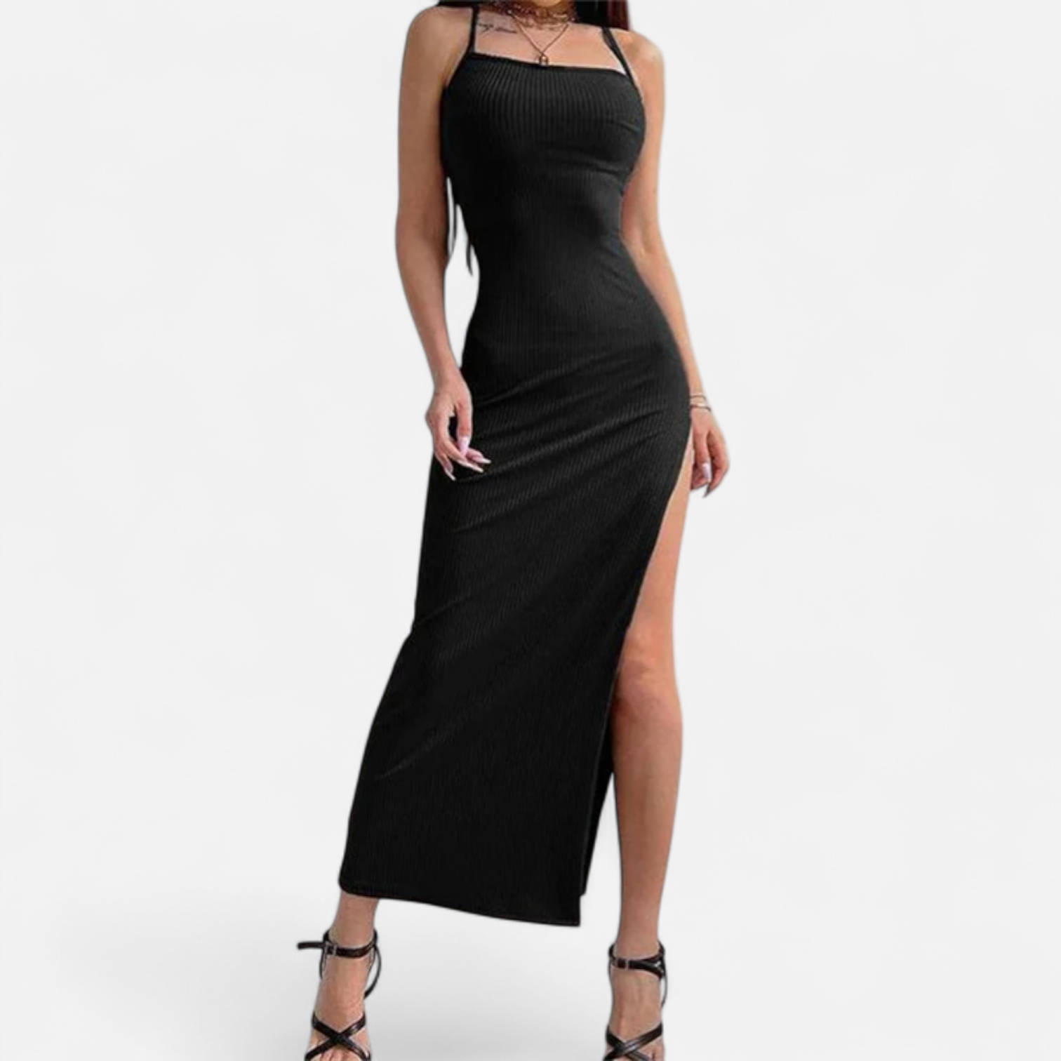 Fiventa | Women’s Black Halter Bodycon Dress with Side Split