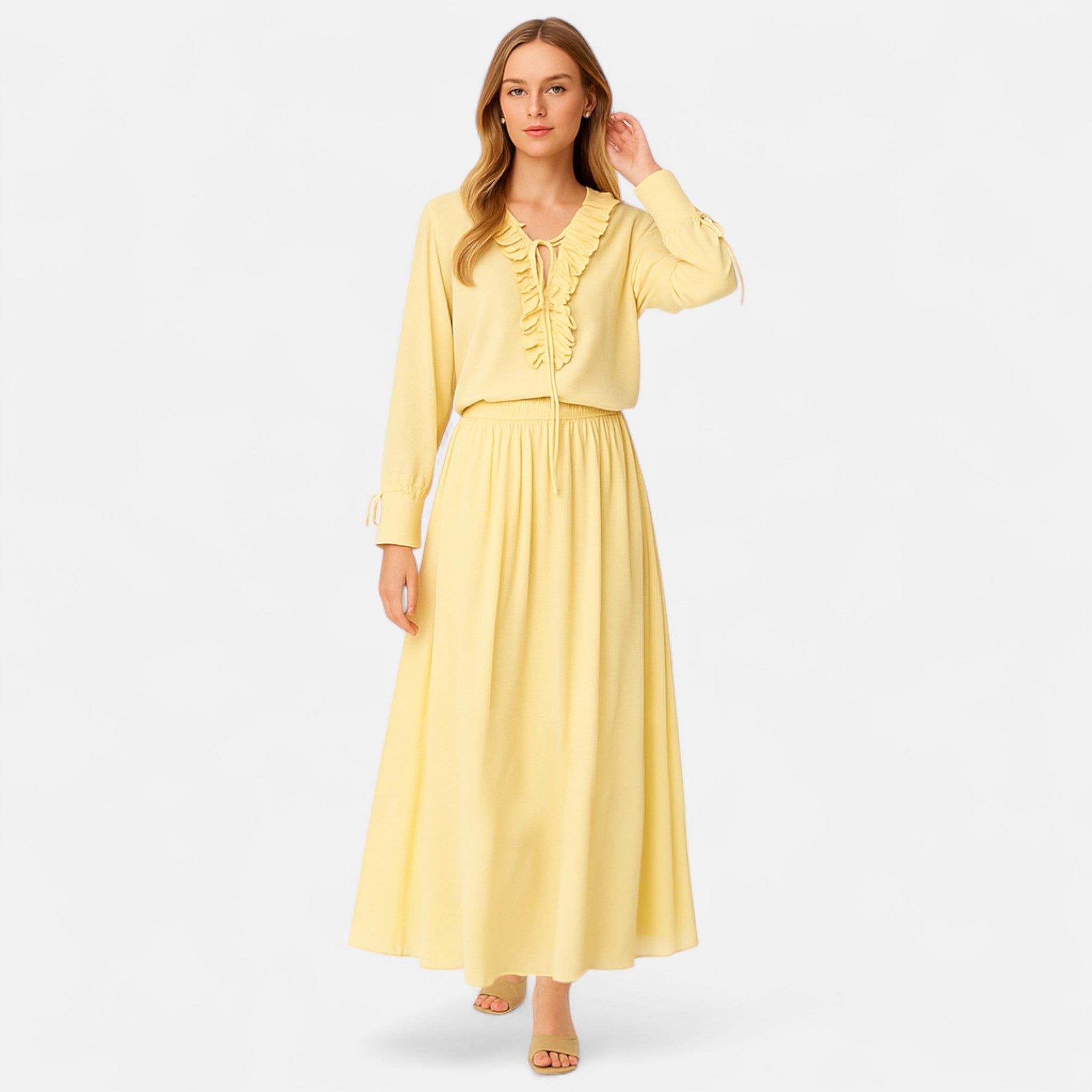 Fiventa | Women’s Ruffled Tie-Front Blouse in Marigold Yellow