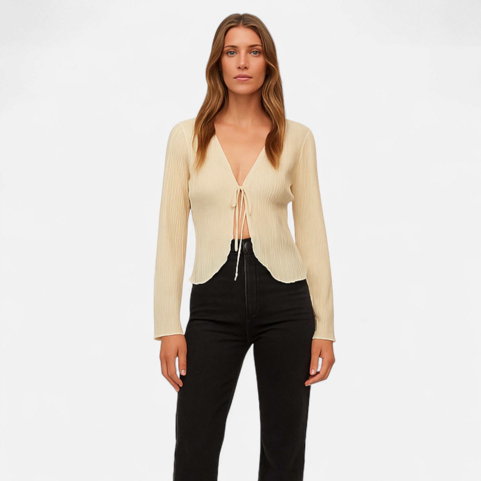 Fiventa | Women’s Pleated Tie-Front Blouse with Flare Sleeves