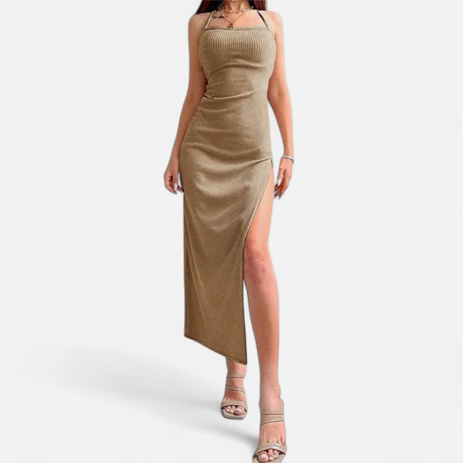 Fiventa | Women’s Black Halter Bodycon Dress with Side Split