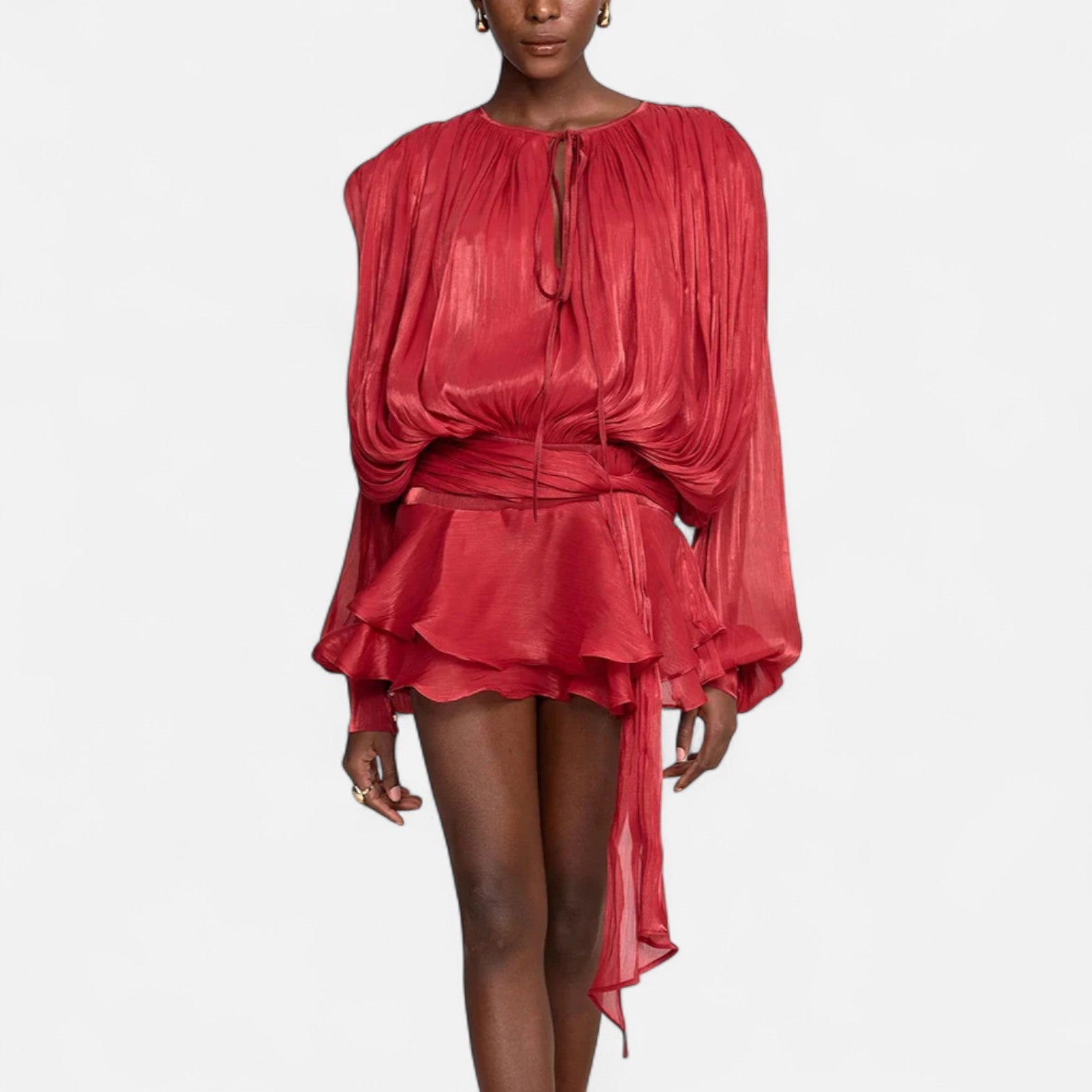 Fiventa | Women’s Draped Silk-Effect Blouse Dress with Waist Tie