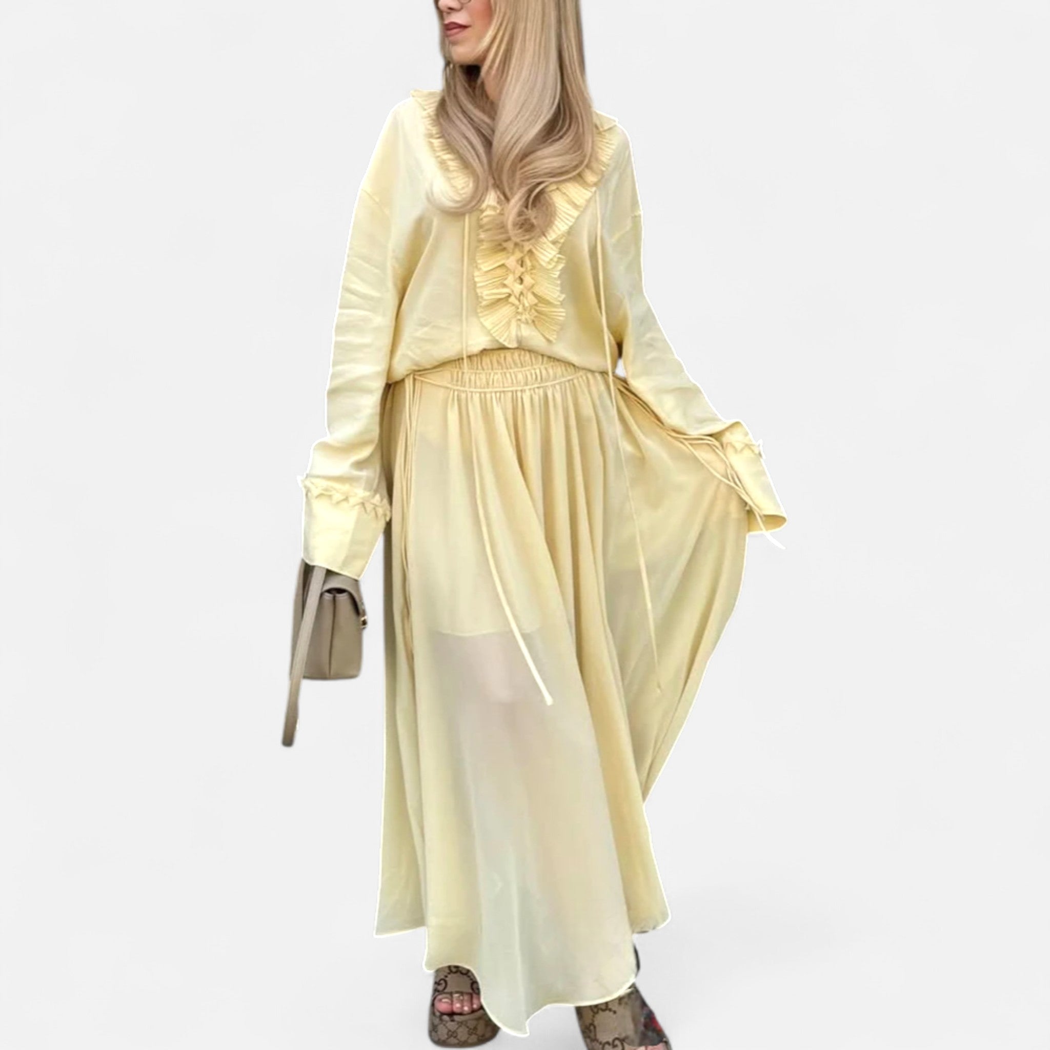 Fiventa | Women’s Ruffled Tie-Front Blouse in Marigold Yellow