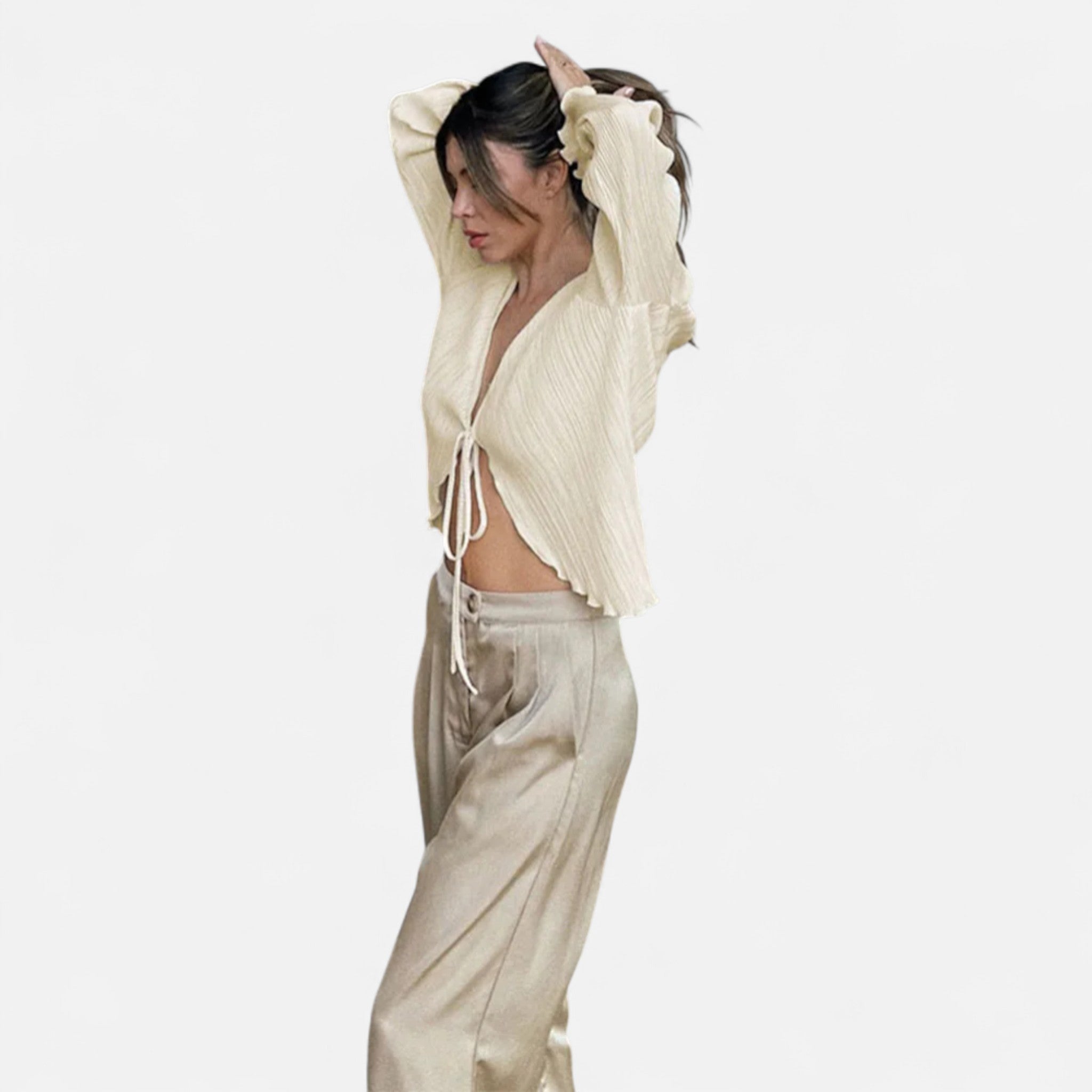 Fiventa | Women’s Pleated Tie-Front Blouse with Flare Sleeves
