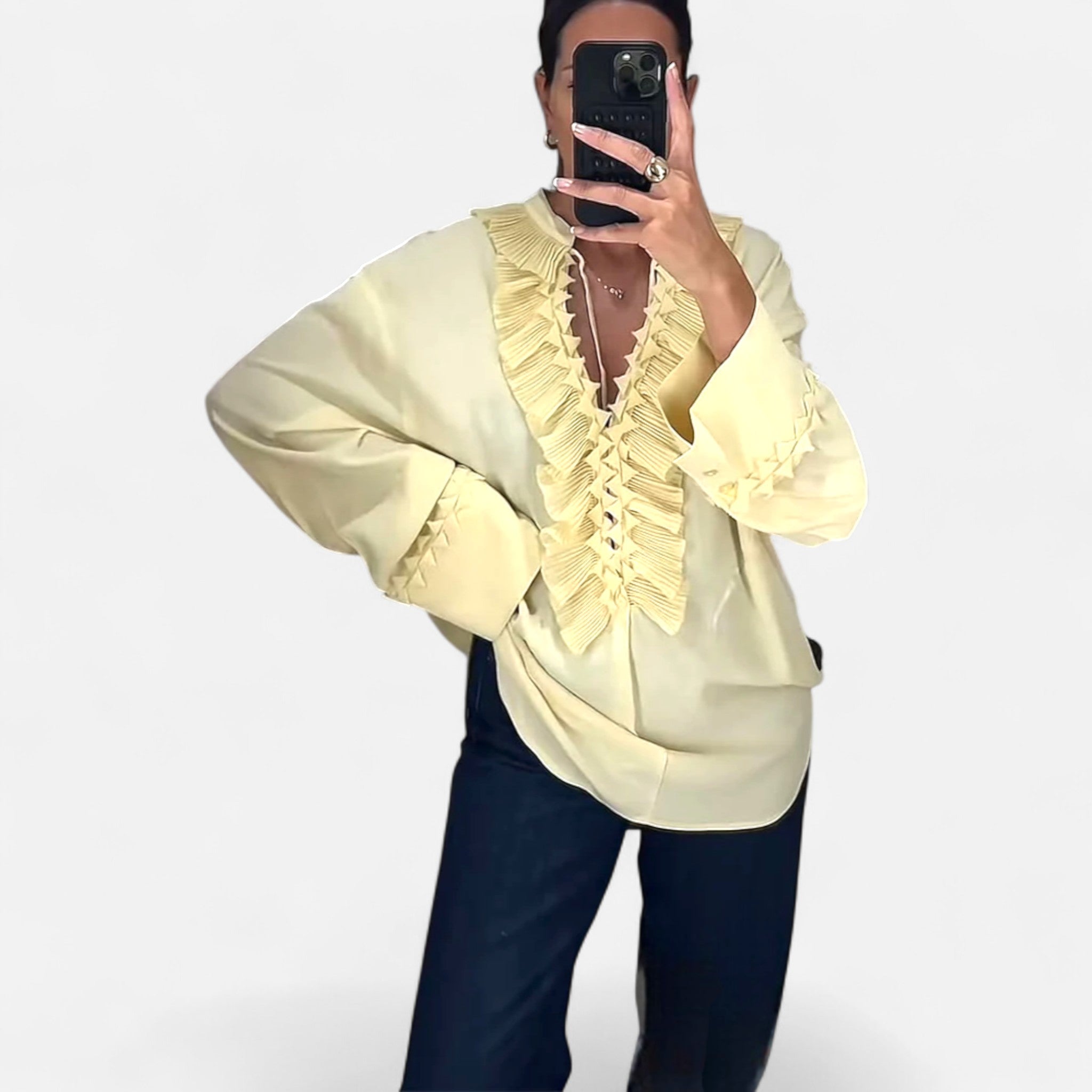Fiventa | Women’s Ruffled Tie-Front Blouse in Marigold Yellow