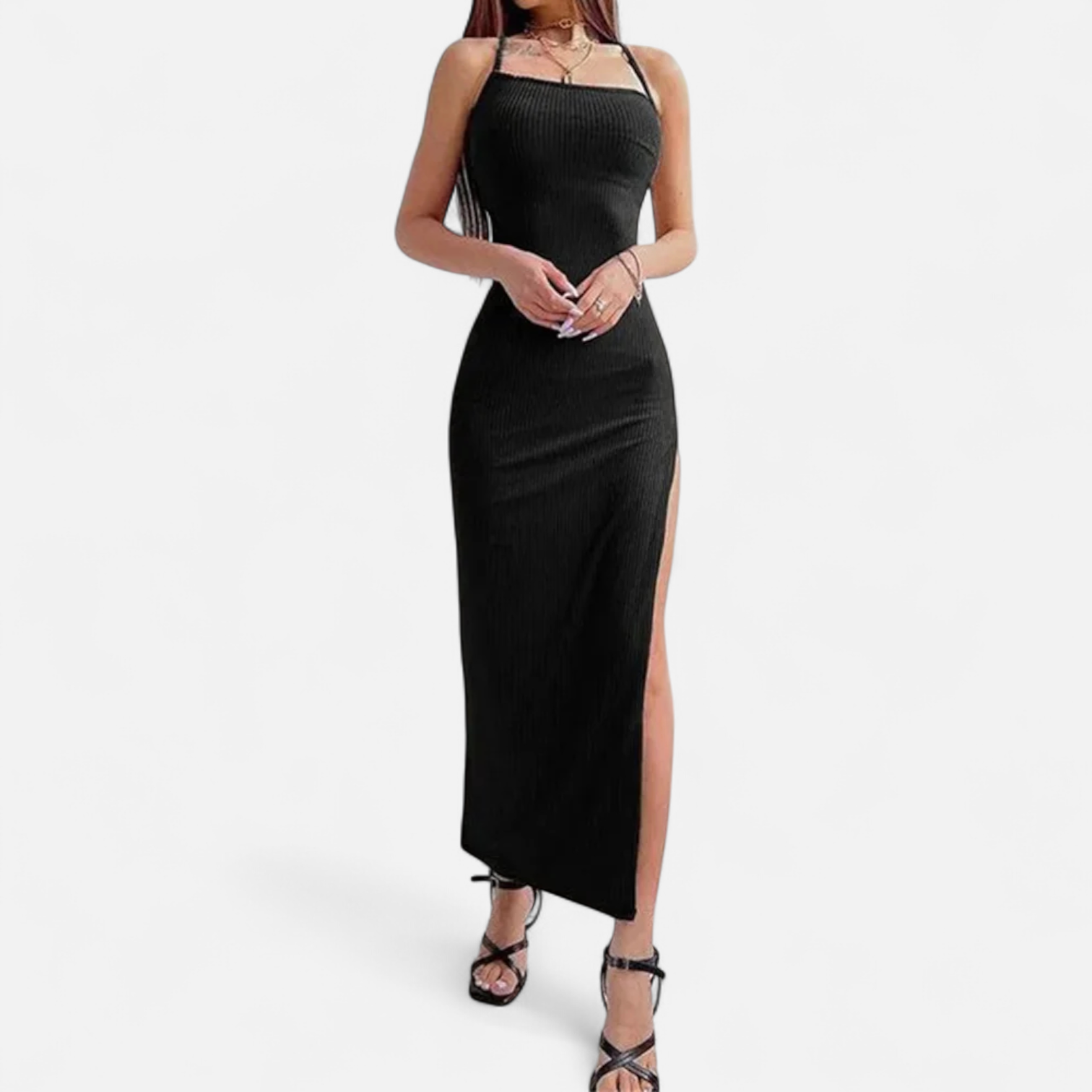 Fiventa | Women’s Black Halter Bodycon Dress with Side Split
