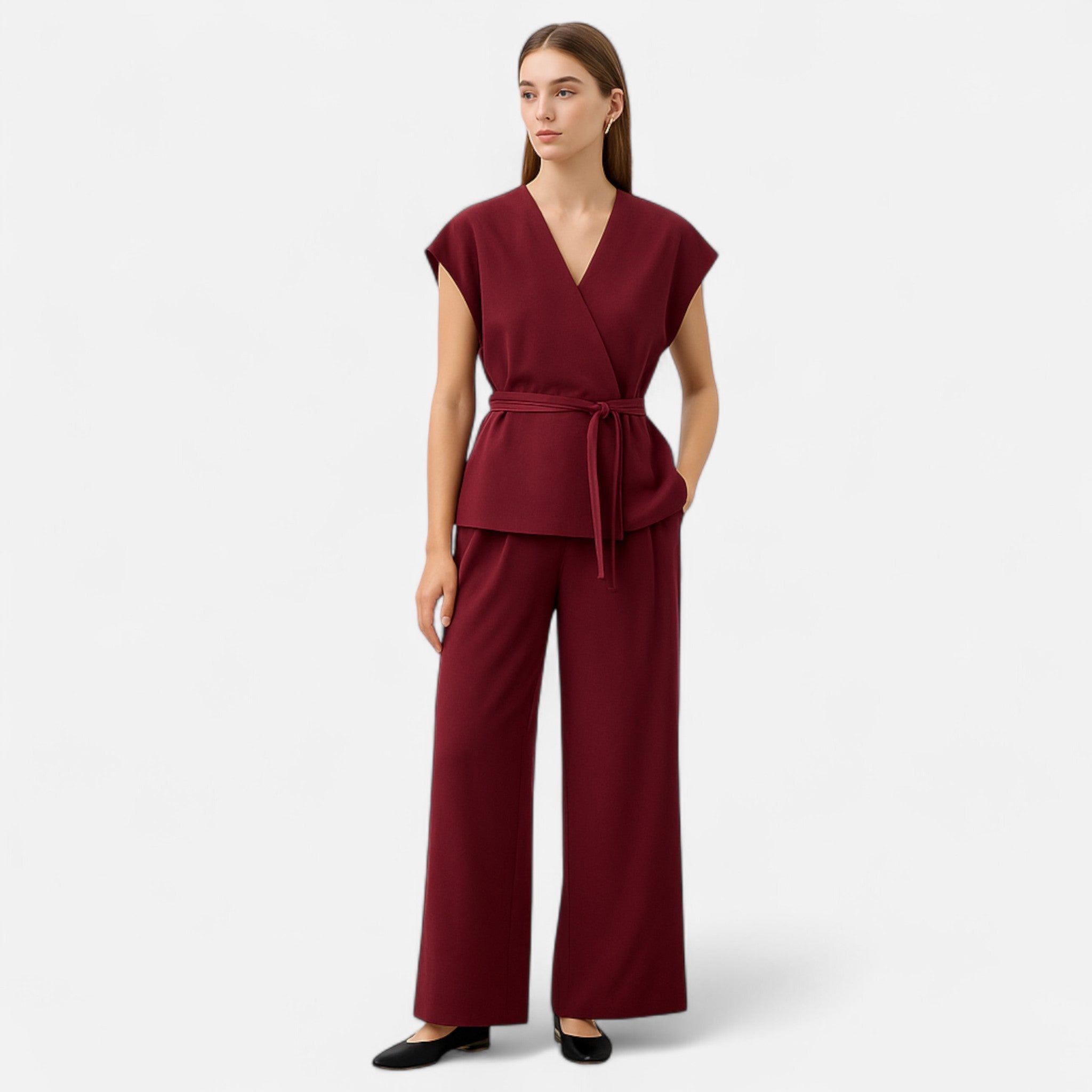Fiventa | Women’s V-Neck Suit Set with Straight-Leg Trousers