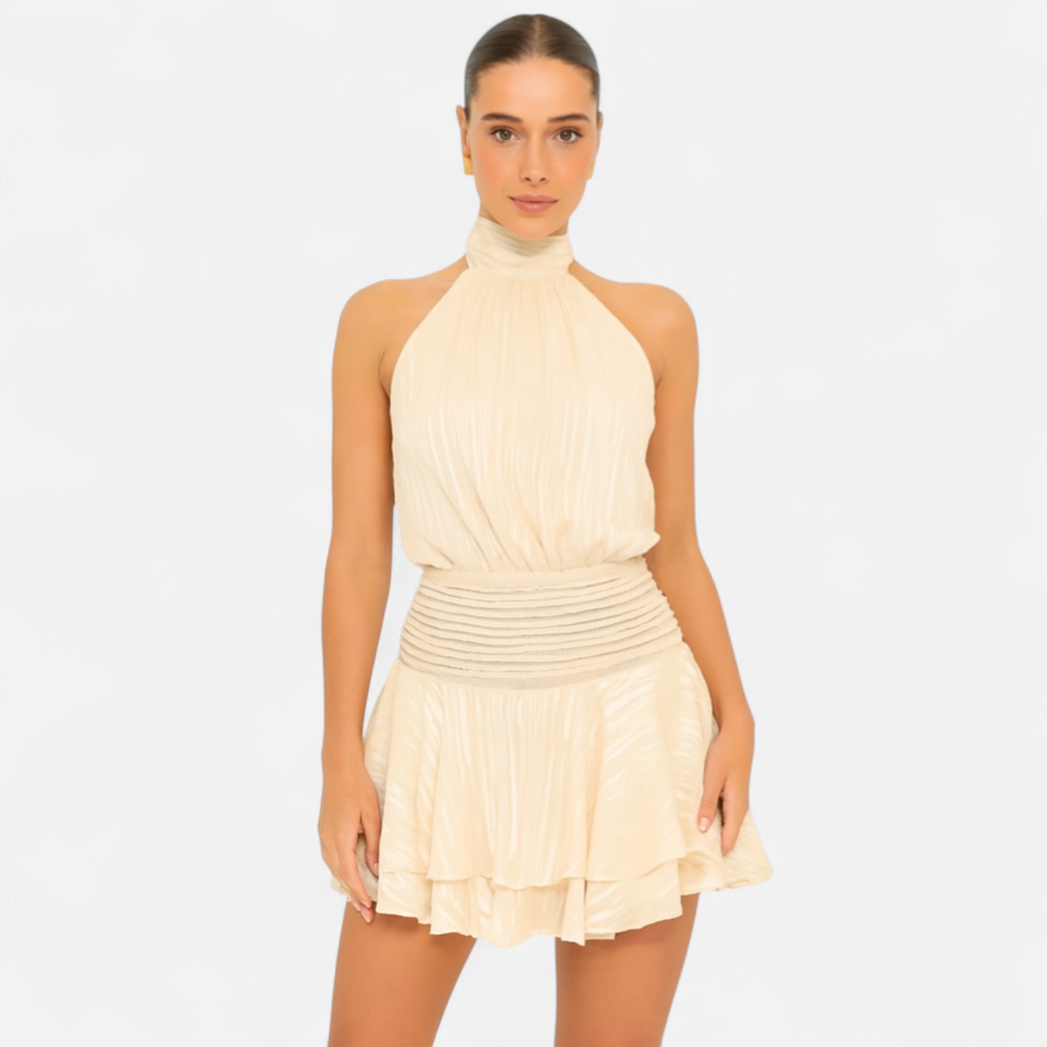 Fiventa | Women’s Backless Halter Mini Dress in Satin Drape