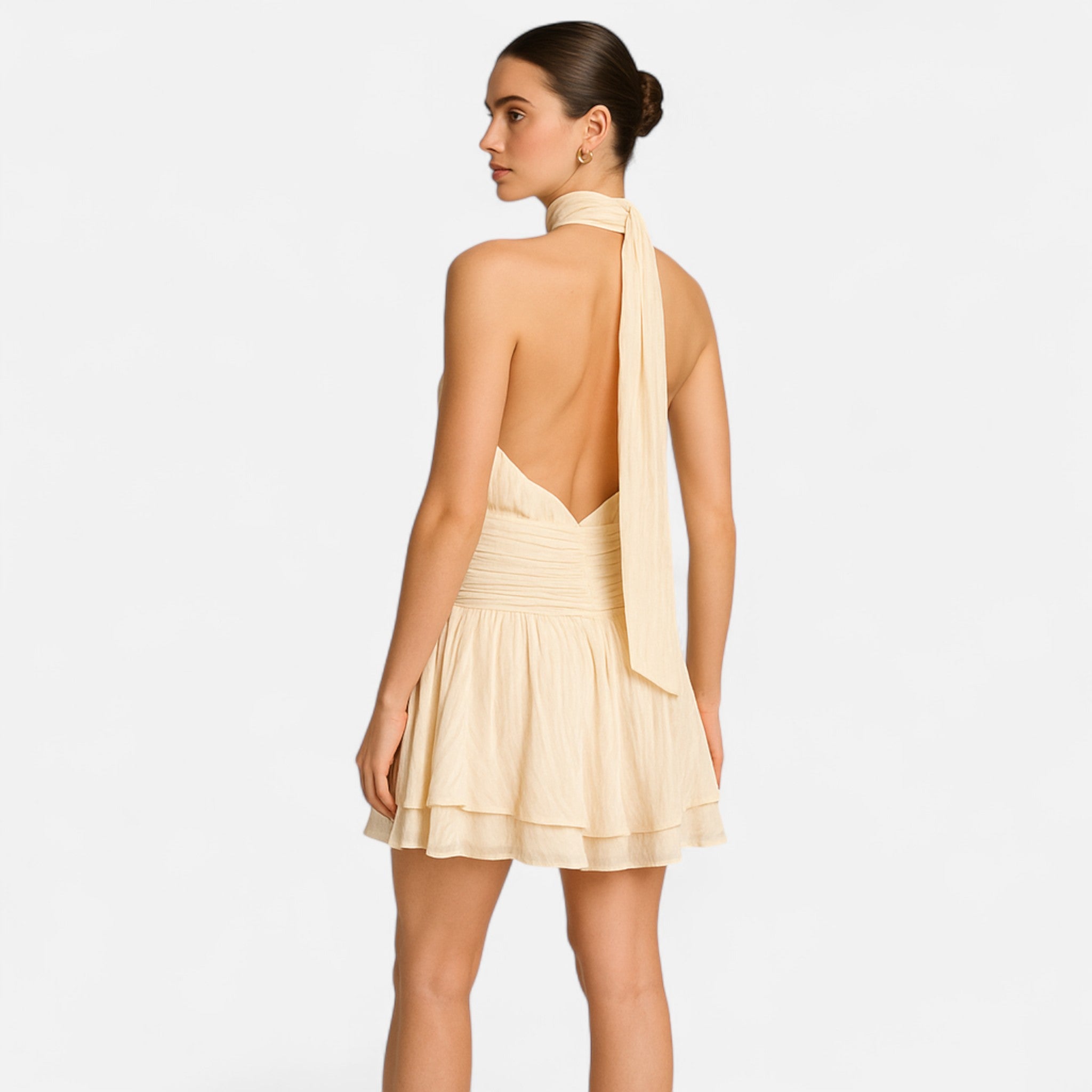 Fiventa | Women’s Backless Halter Mini Dress in Satin Drape