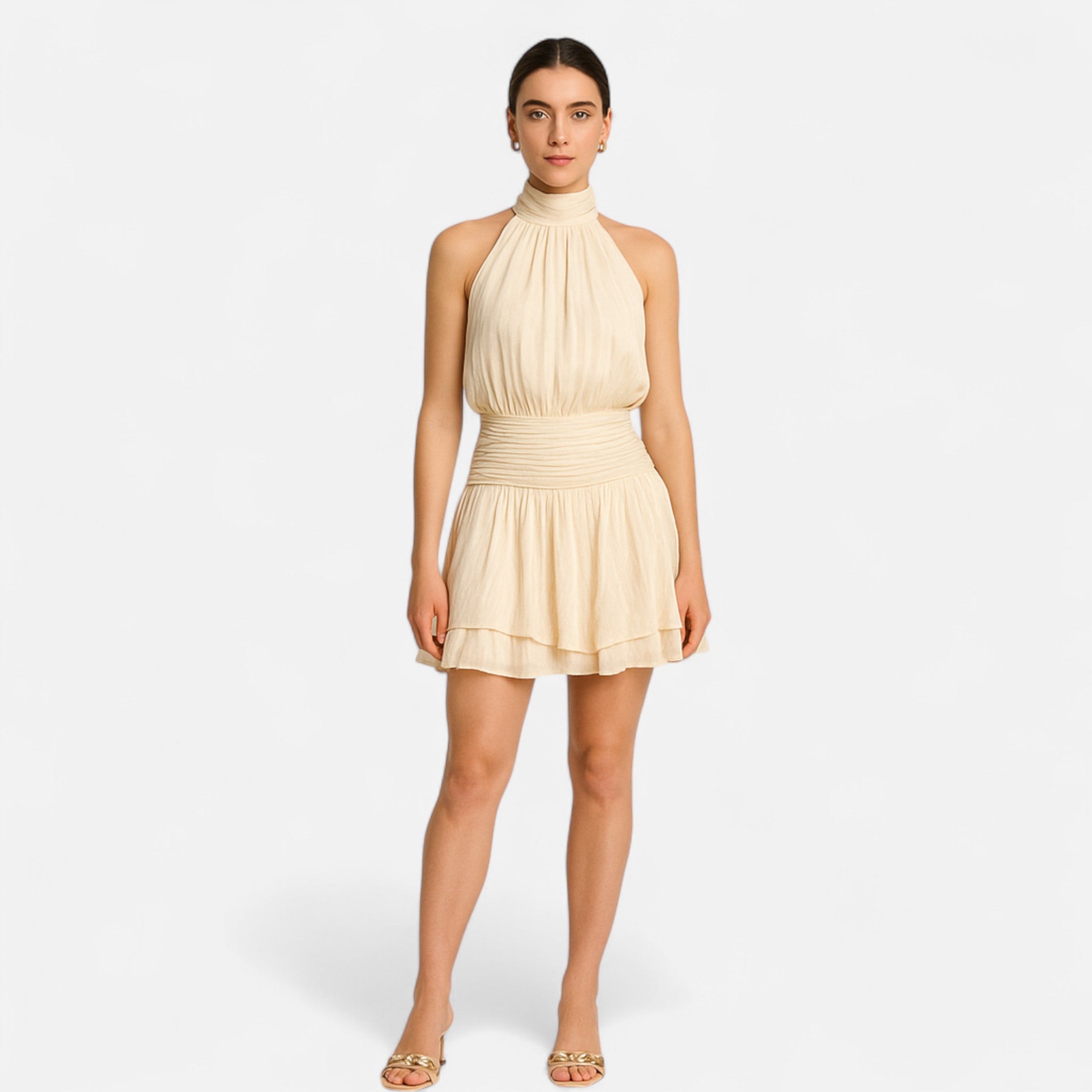 Fiventa | Women’s Backless Halter Mini Dress in Satin Drape