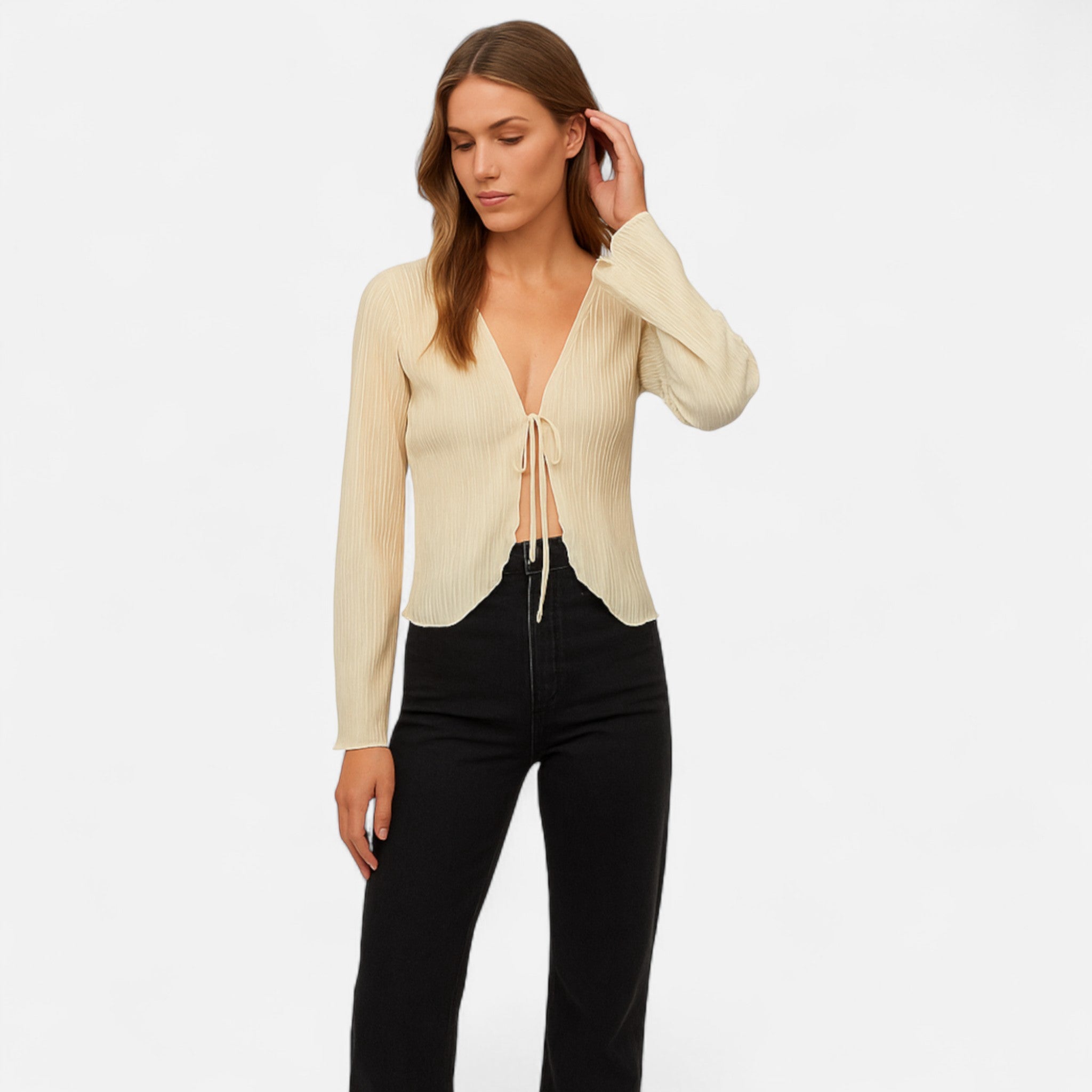 Fiventa | Women’s Pleated Tie-Front Blouse with Flare Sleeves