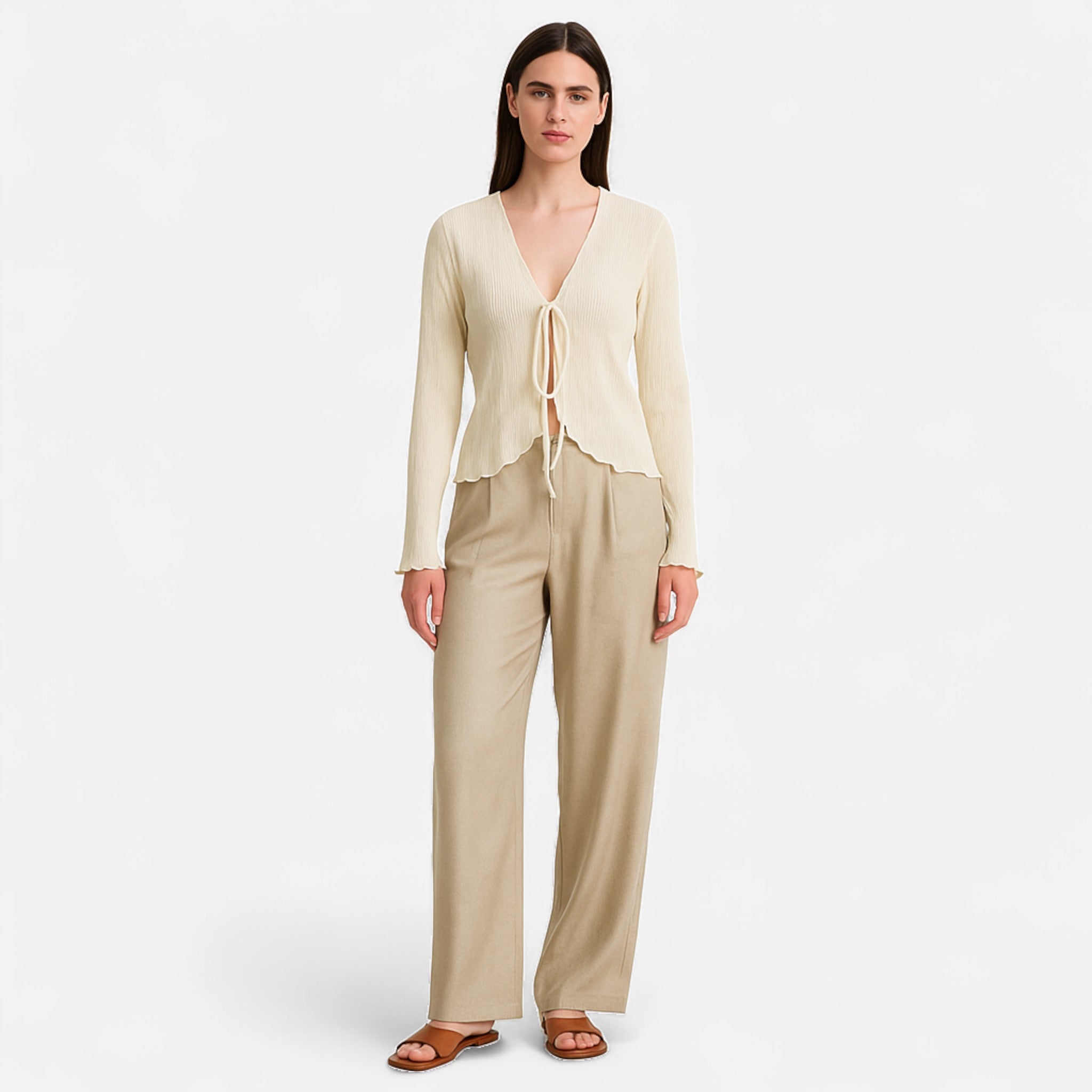Fiventa | Women’s Pleated Tie-Front Blouse with Flare Sleeves