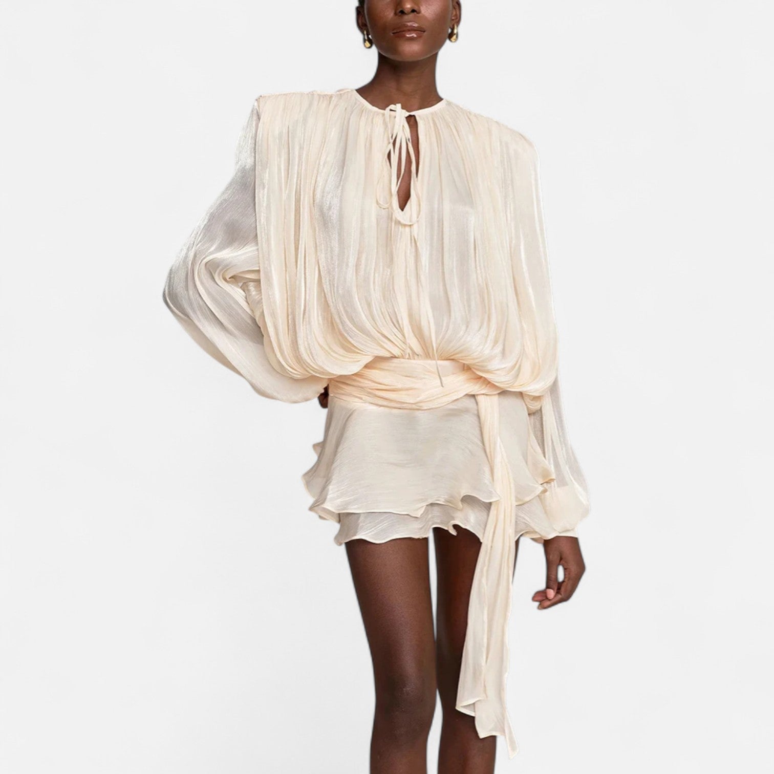 Fiventa | Women’s Draped Silk-Effect Blouse Dress with Waist Tie