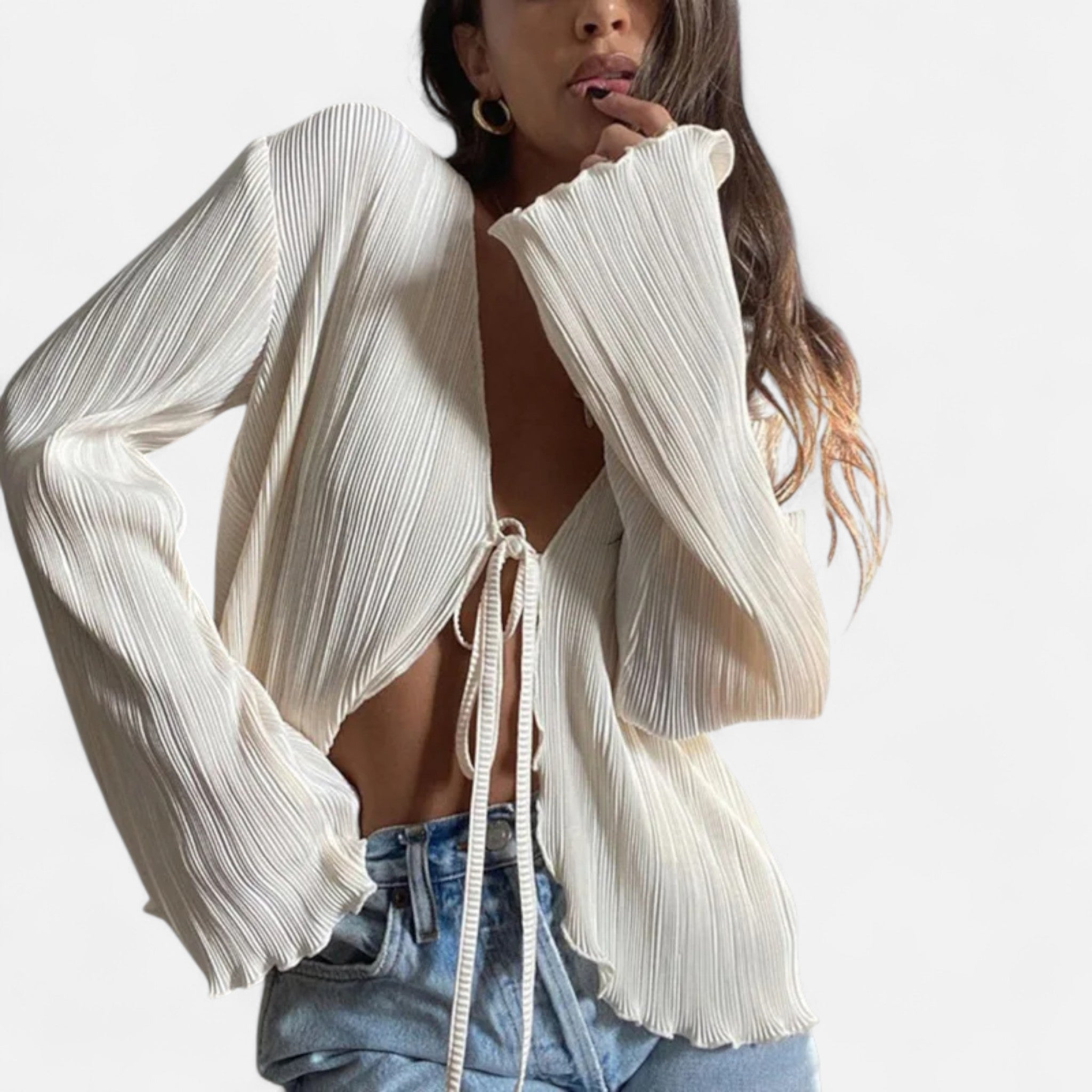 Fiventa | Women’s Pleated Tie-Front Blouse with Flare Sleeves