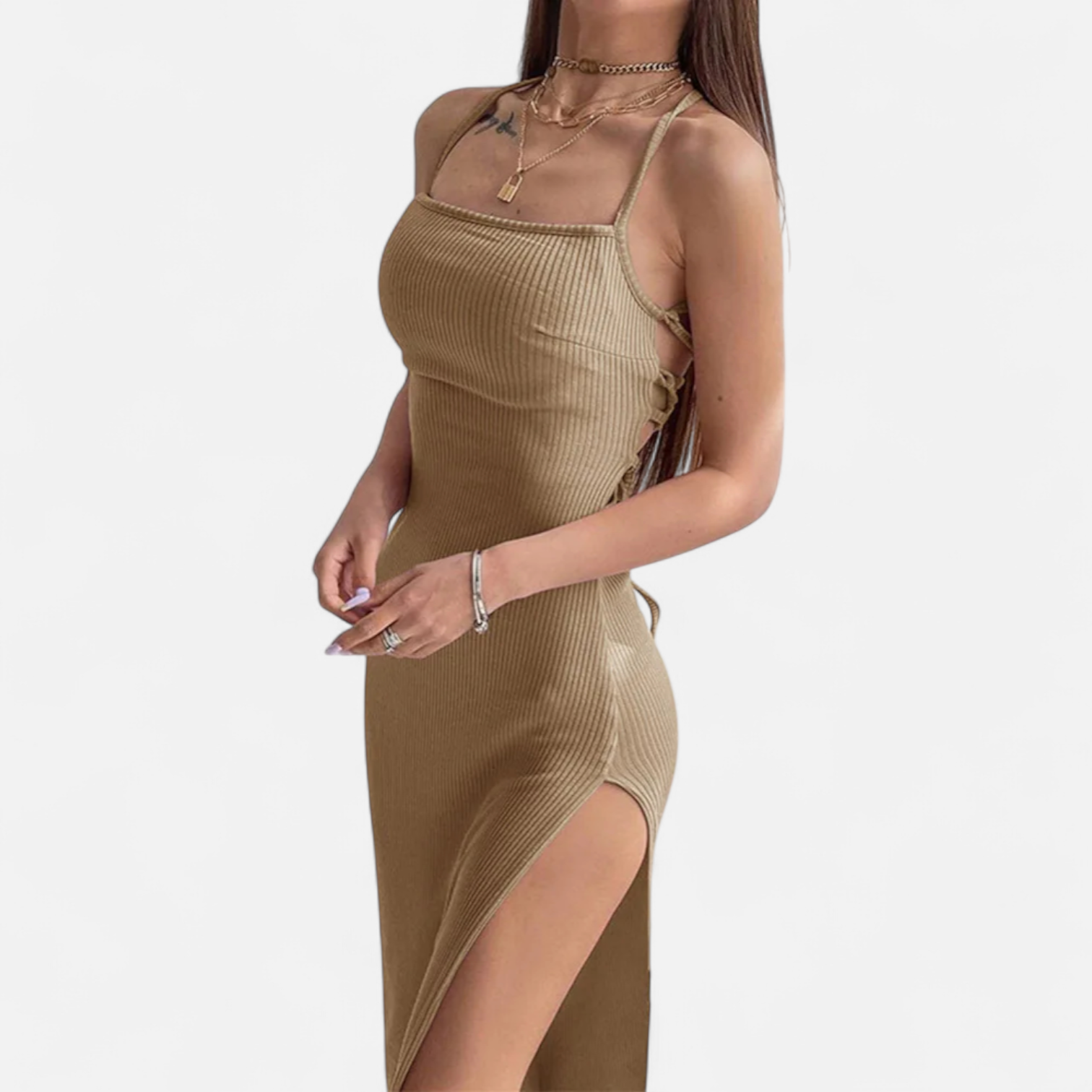 Fiventa | Women’s Black Halter Bodycon Dress with Side Split