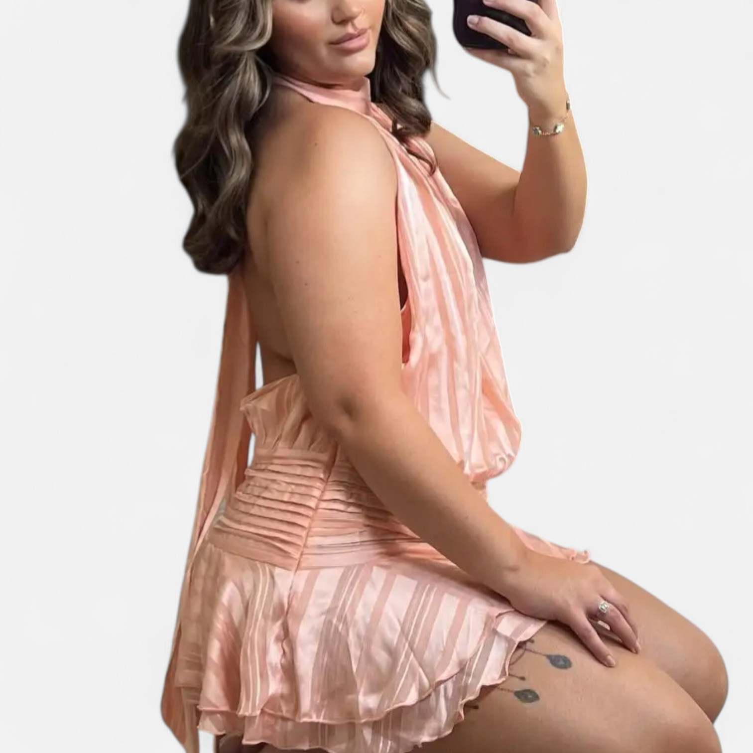 Fiventa | Women’s Backless Halter Mini Dress in Satin Drape